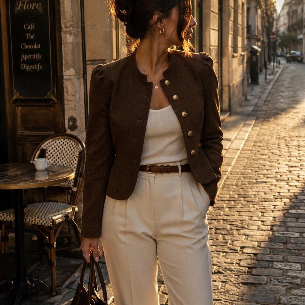 RIHOAS Brown Textured Cropped Jacket Gold Button Medium